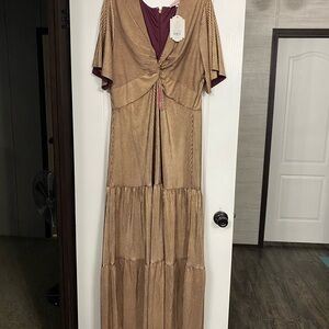 Ivy City Co Gold Metallic Tiered Maxi Dress with Burgundy Lining